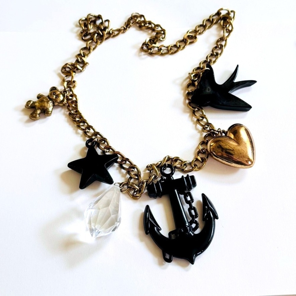 Vtg Anchor Heart black Necklace Charm dangle gold chain chunky statement Y2K 28"